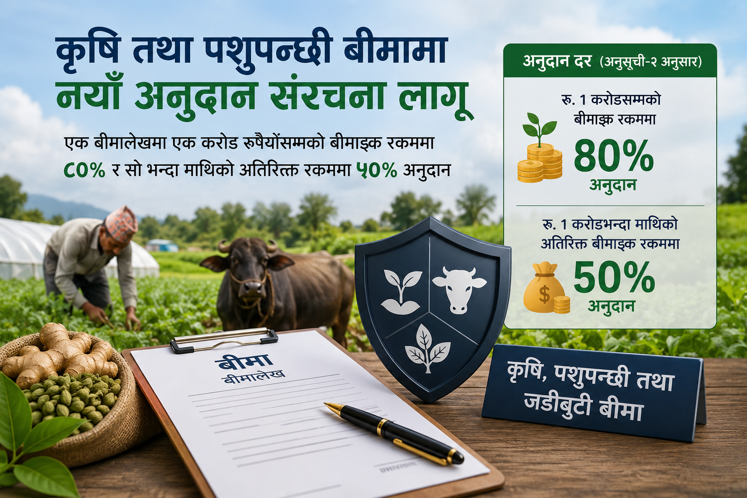 कृषि तथा पशुपन्छी बीमामा नयाँ अनुदान संरचना लागू, एक करोड रुपैयाँसम्मको बीमाङ्कमा मात्रै ८० प्रतिशत